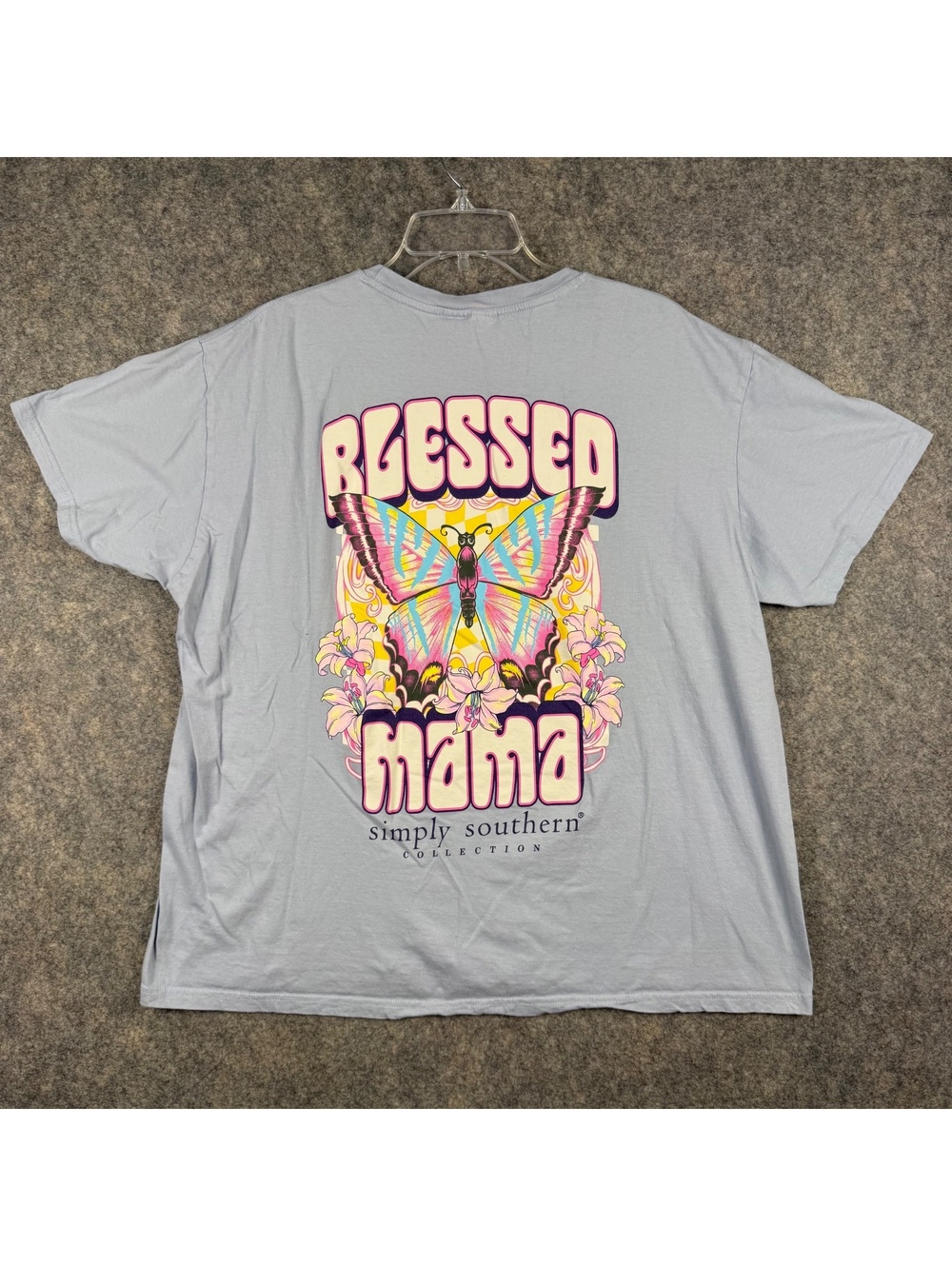 Simply Southern Blessed Mama T Shirt Light Blue Pink Butterfly Women Size XL 671